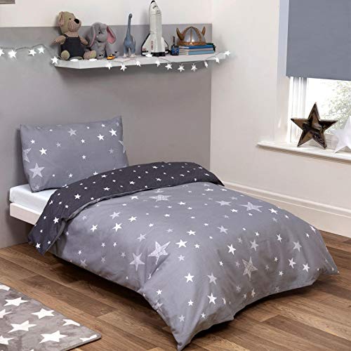 Dreamscene Galaxy Stars Toddler Duvet Cover with Pillowcase Kids Reversible Charcoal Bedding Set for Girls Boys, Silver Grey, Junior/Cot Bed Size