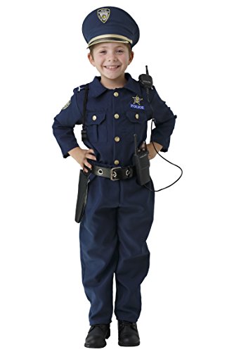 Dress Up America Disfraz de policía de para niños: el juego incluye camisa, pantalones, sombrero, cinturón, silbato, funda de pistola y juego de policía de Walkie Talkie