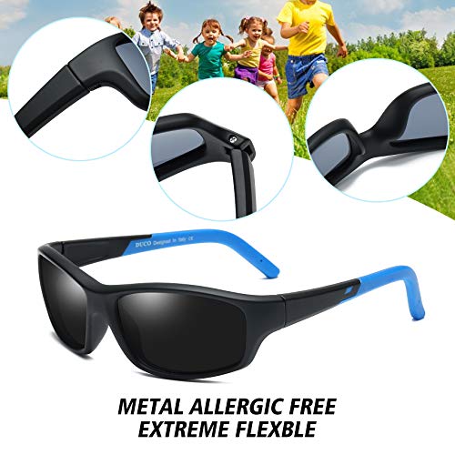 DUCO Gafas de Sol Polarizadas para Niños Marco de Goma de Flexible para Niño y Niña de 5 a 12 años Marco Negro y Azul