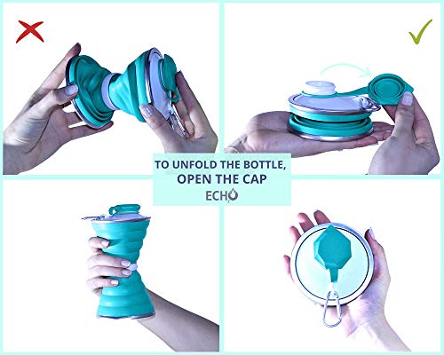 ECH2O Botella de agua plegable-Botella de agua cómoda, flexible, retráctil y reutilizable-Silicona de grado alimenticio sin BPA/Bisfenol A-Viajes/Deporte/Camping y senderismo (Turquesa)