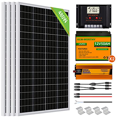 ECO-WORTHY 2kW·h/día Kit Panel Solar con Inversor y Batería 480W 24V Fuera de la Red para RV/Doméstico: 4 Paneles solares 120W + Controlador de 60A + 2 Batería de litio de 50Ah + Inversor 1500W 24V