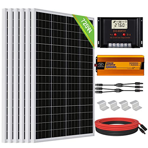 ECO-WORTHY Sistema de panel solar con inversor de 720 W y 24 V para autocaravanas: 6 módulos solares de 120 W + regulador de carga de 60 A + inversor de corriente solar de 1500 W CC 24 V CA 220 V