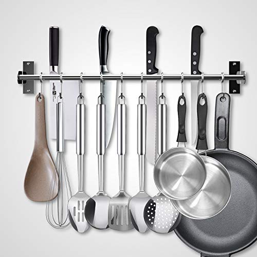 Einfagood® - Barra de cocina para colgar sin taladrar, 12 ganchos con soporte para cuchillos y tapa de ollas, acero inoxidable, doble tubo, longitud extensible de 40 a 72 cm (40-72 cm)