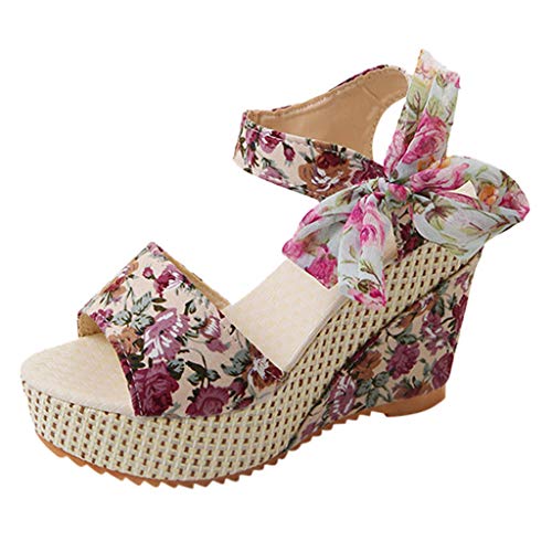 Esque Sandalias De TacóN De CuñA con Plataforma para Mujer, Zapatos con Cordones De Flores Florales, Calzado CóModo, Zapatos De TacóN Alto De Verano