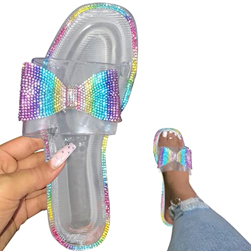 Esque Sandalias De TacóN Plano Brillante A La Moda para Mujer con Lazo De Diamante, Chanclas De Verano, Zapatillas Informales, Zapatos