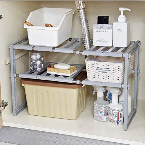 Estantería modular de 2 niveles para interior armarios y muebles organizador ajustablepara debajo del fregadero estante de almacenamiento para cocina ampliable de 38 a 68 cm(blanco)