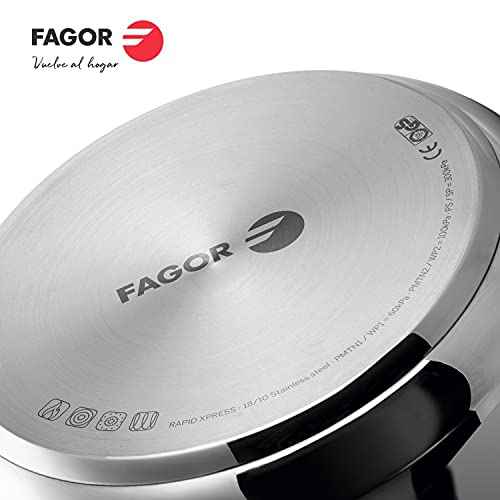 FAGOR RAPID XPRESS olla a presión Súper rápida, Acero Inoxidable, Todo Tipo de cocinas, INDUCCION Fondo termo difusor IMPAKSTEEL Muy Resistente, 5 Sistemas de Seguridad, 2 Niveles de presión (4L+6L)
