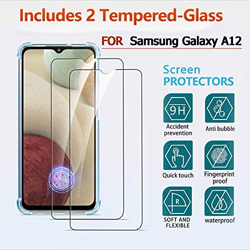 Ferilinso Funda para Samsung Galaxy A12/A12 Nacho/M12 + 2 Piezas Cristal Templado Protector de Pantalla [Transparente TPU Carcasa] [10X Anti-Amarilleo] [Anti-Choque] [Anti-arañazos] [9H Dureza]