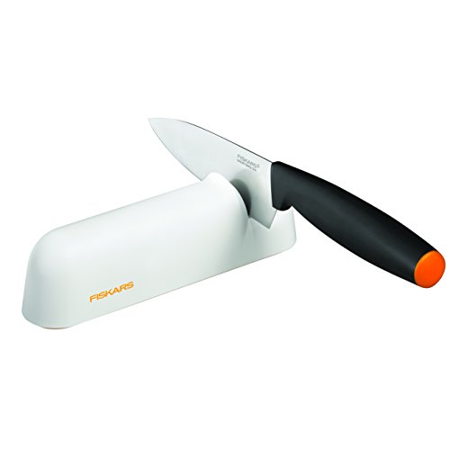 Fiskars Afilador de cuchillos para hojas de acero lisas, Piedra de moler cerámica, Functional Form, Roll-Sharp, Blanco/Naranja, 1014214