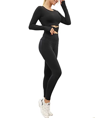 FRECINQ Conjuntos Deportivos para Mujer 5 Piezas Suave Transpirable Cómodo Mujer Chándales Ropa de Correr Yoga Fitness Pilates (S, Negro #2)