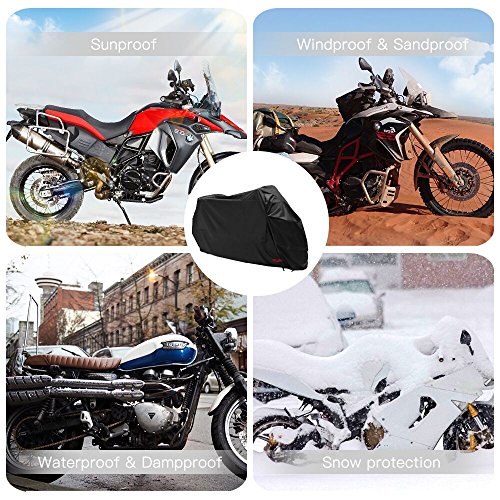 Funda para Moto 210D Funda Protector Cubierta de moto Impermeable a Prueba de Polvo Protector UV con Agujeros de Bloqueo Cubierta Contra Viento Negro (245*105 * 125CM)