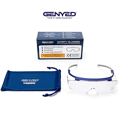 GENYED® Cubregafas Protectoras, Gafas Proteccion, Certificación CE EN166, Gafas de Seguridad con Lente Antirrayado y Antivaho, UV400, Patillas Ajustables, Envolventes, Aptas para Gafas Graduadas
