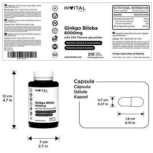 Ginkgo Biloba 6000 mg | 210 cápsulas veganas para 7 meses | 100% Natural con 24% Flavonoides y 6% Terpenos | Potente antioxidante que mejora la memoria, la concentración y la circulación sanguínea