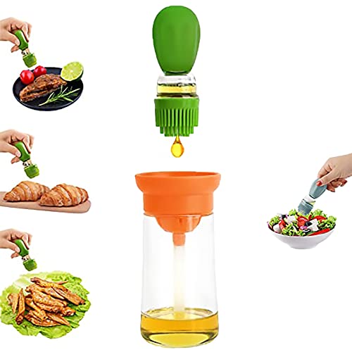 Glass Olive Oil Dispenser Bottle with Silicone Brush 2 in 1, Silicone Dropper Measuring Oil Dispenser Bottle, Oil Dispenser Bottle for Kitchen (Orange Green)