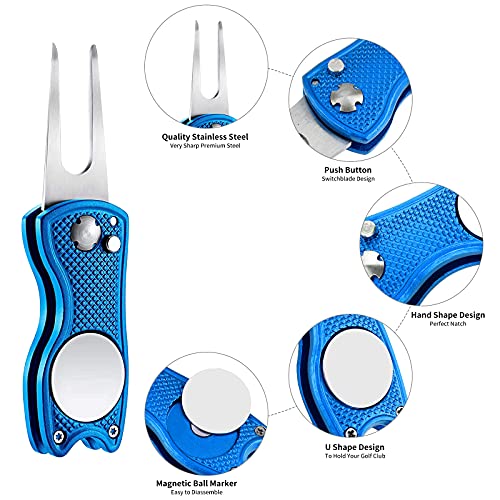 Golf Divot Tool 2Pcs Arreglapiques Golf Herramienta de Reparación de Divot de Golf Tenedor de Campo de Golf con Botón Emergente y Marcador Bola Magnética para Golfistas Accesorios (Azul)