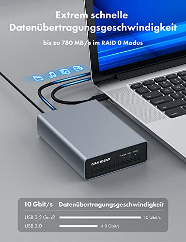 GRAUGEAR Type-C - Carcasa Raid para 2 Discos SATA SSD/HDD de 2,5" USB 3.2 Gen2 (10 Gbit/s), Cable USB-C y USB-A, Carcasa de Aluminio, Raid 0, RAID1, Single, Grande G-25RD2-AC-10G, Aluminio Gris