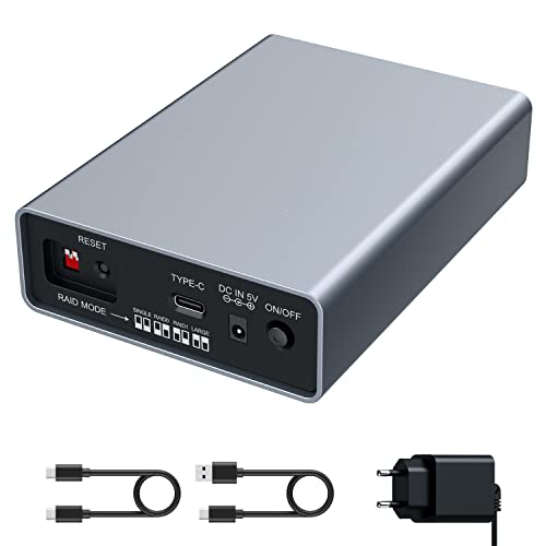 GRAUGEAR Type-C - Carcasa Raid para 2 Discos SATA SSD/HDD de 2,5" USB 3.2 Gen2 (10 Gbit/s), Cable USB-C y USB-A, Carcasa de Aluminio, Raid 0, RAID1, Single, Grande G-25RD2-AC-10G, Aluminio Gris