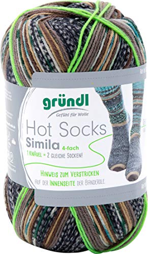 Gründl Lana para calcetines de 4 hilos con hilo verde, 2 calcetines idénticos con bola, 75% lana virgen, 25% poliamida. [color 302]