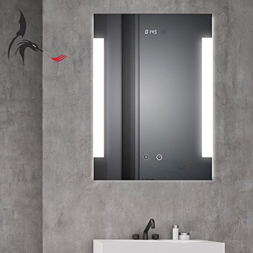 HOKO® Fulda 40647673 - Espejo de baño con iluminación LED (reloj digital y antivaho, 50 x 70 cm, con luz lateral, clase energética A+)