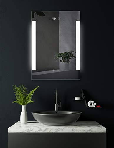 HOKO® Fulda 40647673 - Espejo de baño con iluminación LED (reloj digital y antivaho, 50 x 70 cm, con luz lateral, clase energética A+)