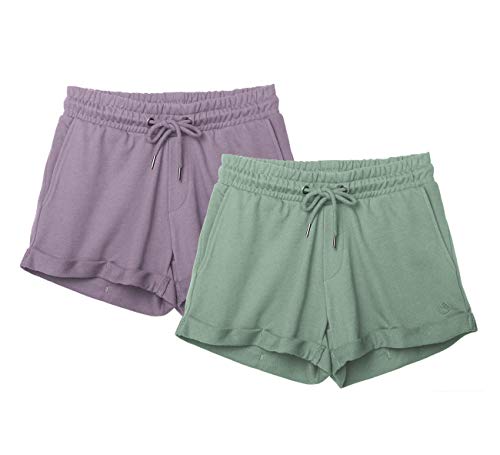 icyzone Pantalón Corto para Mujer para Correr, Pack de 2 (XL, Cameo Green/Lila)