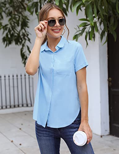 Irevial Camisa Manga Corta Mujer Elegante Blusas Verano de Oficina Camiseta con Botones para Trabajo Azul Claro, M