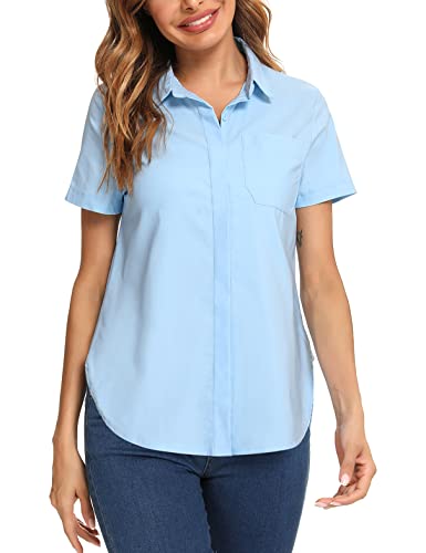 Irevial Camisa Manga Corta Mujer Elegante Blusas Verano de Oficina Camiseta con Botones para Trabajo Azul Claro, M