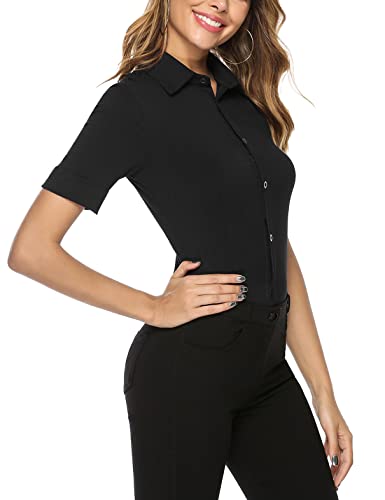 Irevial Camisa Manga Corta para Mujer Oficina Elegante Blusa con Botones Verano Camiseta Manga Corta con Cuello V Negro, M