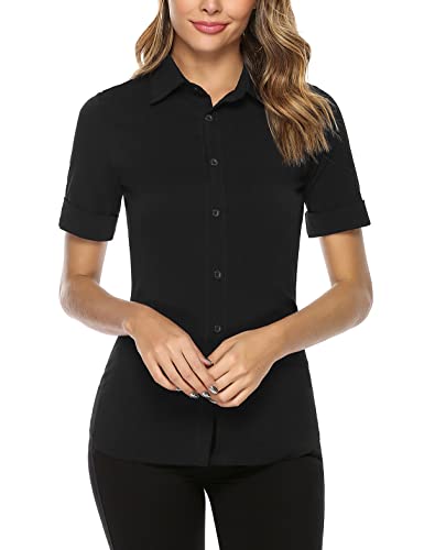 Irevial Camisa Manga Corta para Mujer Oficina Elegante Blusa con Botones Verano Camiseta Manga Corta con Cuello V Negro, M