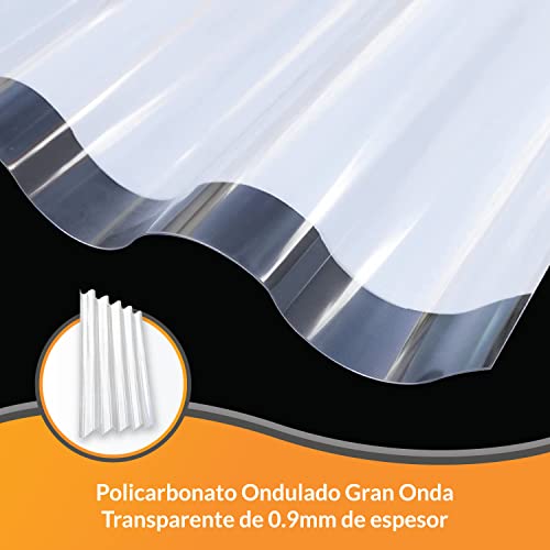 Ironlux - Plancha de policarbonato transparente ondulado gran onda - Espesor 0.9mm - 2500 x 1100 - Protección UV a 1 cara