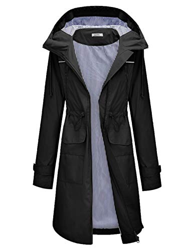 JASAMBAC Chubasqueros largos para mujer impermeables con capucha cortavientos Outwear chaqueta de lluvia gabardina, Negro, XL