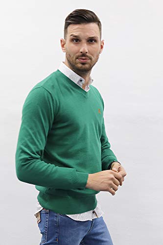 Jersey de Hombre Cuello Pico de Algodon Manga Larga de Marca Modelo Basico para Vestir Punto Fino (Verde Botella, M)