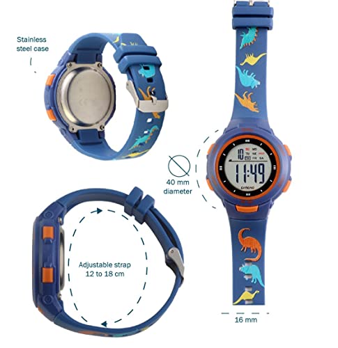 KIDDUS Reloj Digital para niñas y niños. con cronómetro, Calendario, Despertador y luz. Resistente al Agua. Deportivo, Luminoso, de Pulsera, LED. De 5 a 12 años. Dinos
