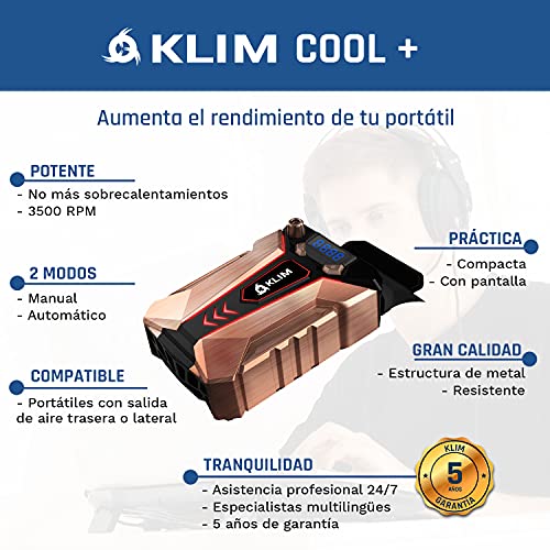 KLIM Cool + Base de Refrigeración para Portátil en Metal - La Más Potente - USB con Aspiradora de Aire para Enfriamiento Inmediato - Base Refrigeradora para el Recalentamiento [Nueva Versión 2022 ]