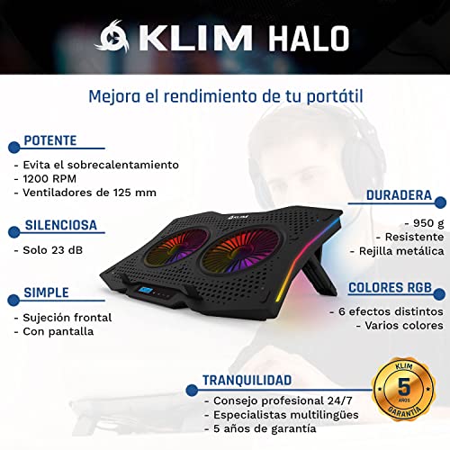 KLIM Halo + Base de refrigeración para portátiles RGB - 11" a 17" + Refrigeración para portátil Gaming con Ventilador USB + Estable y silenciosa + Compatible con Mac y PS4 + Nueva 2022