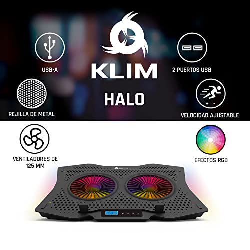 KLIM Halo + Base de refrigeración para portátiles RGB - 11" a 17" + Refrigeración para portátil Gaming con Ventilador USB + Estable y silenciosa + Compatible con Mac y PS4 + Nueva 2022