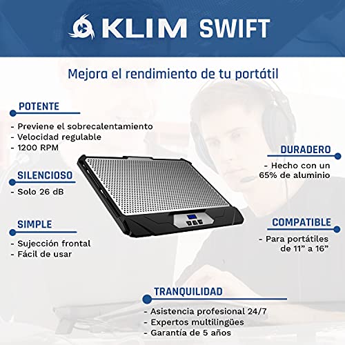 KLIM Swift Base de Refrigeración para Portátil Alto Rendimiento en Aluminio para PC y Mac con Soporte de Base de Refrigeración - Nueva Versión 2022 - Negro