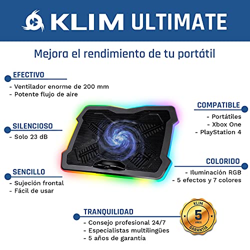 KLIM Ultimate + Base de refrigeración para portátiles RGB - 11" a 17" + Refrigeración para portátil Gaming + Nueva 2022 + Ventilador USB + Estable y silenciosa + Compatible con Mac y PS4