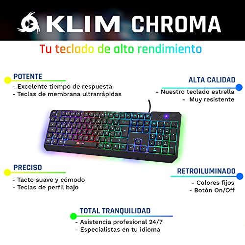 KLIM™ Chroma - Teclado Gaming ESPAÑOL + Teclado USB Ligero, Duradero, Resistente al Agua, ergonómico, silencioso + Teclado Gamer con Cable para PC PS4 Xbox One Mac + Nueva VERSIÓN 2022 + Negro