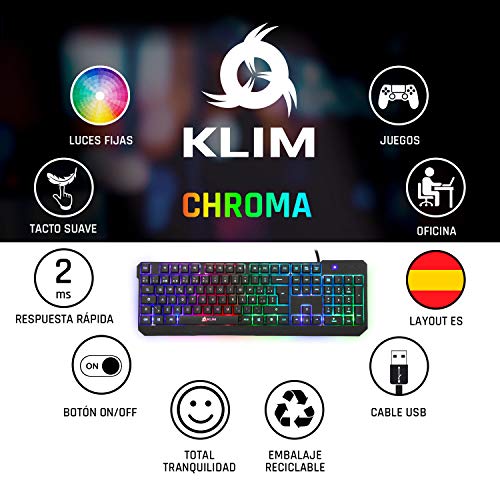 KLIM™ Chroma - Teclado Gaming ESPAÑOL + Teclado USB Ligero, Duradero, Resistente al Agua, ergonómico, silencioso + Teclado Gamer con Cable para PC PS4 Xbox One Mac + Nueva VERSIÓN 2022 + Negro
