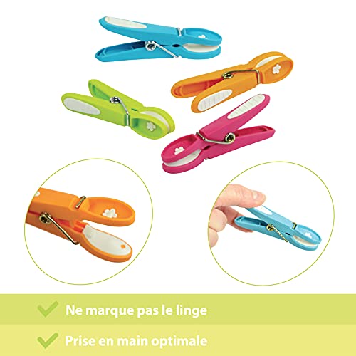 LAGUELLE - 60 Pinzas para la ropa ANTIDESLIZANTES - Fabricado en Francia - Surtido Verde, Azul, Naranja, Rosa