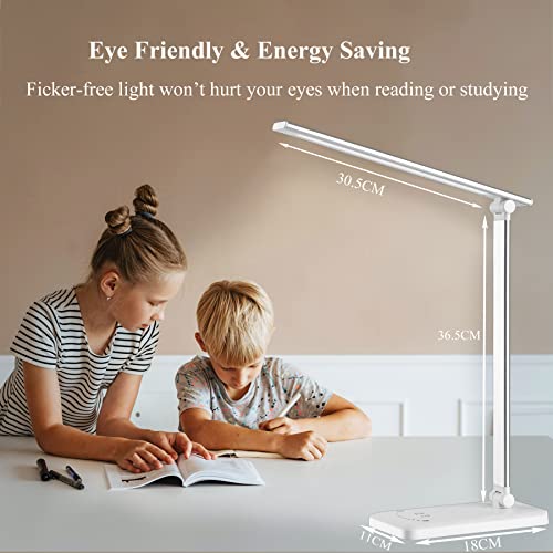 Lámpara Escritorio, USB Flexo LED Escritorio con 5 Niveles de Brillo y 5 Modos, Temporizador de 30/60min, Cuidado Ojos, Función de Memoria, Control Táctil, Luz Escritorio para Estudiar Infantil Blanco