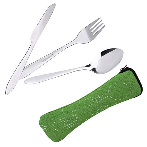langjiao Cubiertos de acero inoxidable para camping [cuchillo, tenedor y cuchara] con bolsa de neopreno ideal para viajes y acampadas (paquete de 3) (verde)