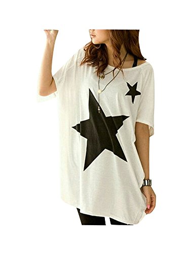 Lanodove Blusa Verano Mujer 2017 Camisa Manga Murcielago Camiseta Estampada Estrella Cuello Redondo T-Shirt Manga Corta (Talla única, Blanco)