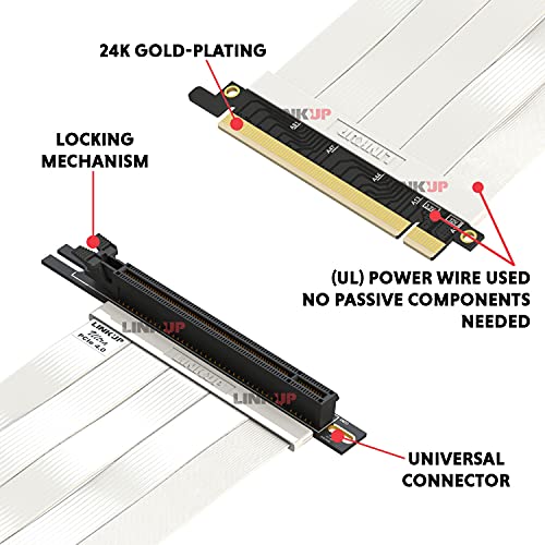 LINKUP - Cable Montante Ultra PCIe 4.0 X16 [Testado en RTX3090 RX6900XT x570 B550 Z690] Montaje Vertical Gaming PCI Express Gen4┃Enchufe Universal 90 Degree {10cm} Compatible con 3.0 Gen3┃Blanco