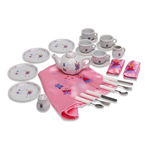 Lucy Locket - Cesta de pícnic de Juguete y Juego de té con «Hadas» de Color Rosa para niños - Vajilla Infantil de Porcelana de 32 Piezas