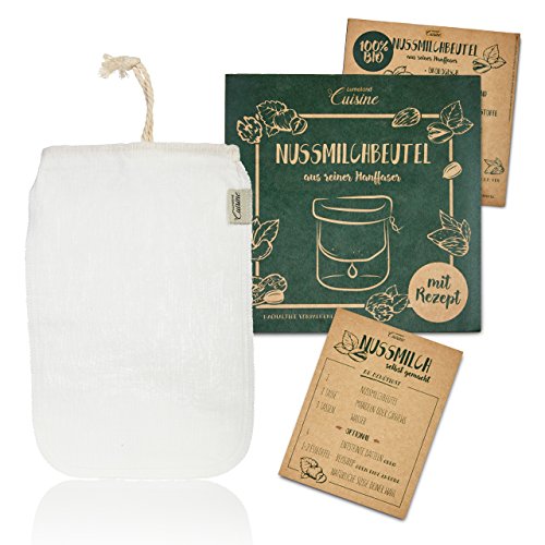 Lumaland Cuisine bolsa filtro de leche vegetal vegana de tejido natural. Incluye recetas. Envase sostenible 100% BIO orgánico.Cáñamo