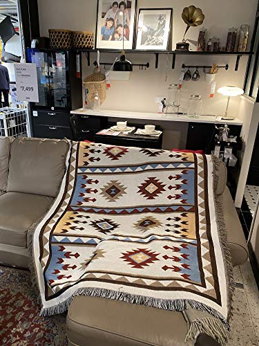 Manta de estilo azteca Navajo tribal bohemio, sofá al aire libre, tapete de picnic étnico mexicano color blanco(50"X60")