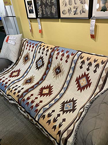 Manta de estilo azteca Navajo tribal bohemio, sofá al aire libre, tapete de picnic étnico mexicano color blanco(50"X60")