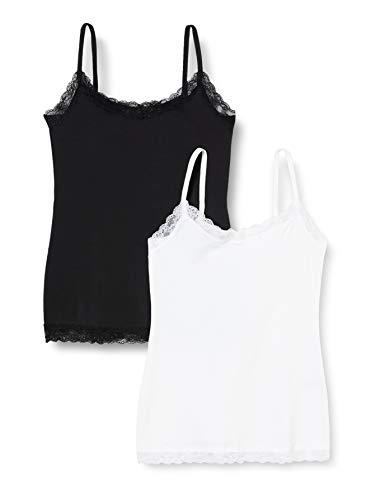 Marca Amazon - IRIS & LILLY Camiseta de Tirantes con Encaje Body Natural para Mujer, Pack de 2, Multicolor (White/Black), L, Label: L